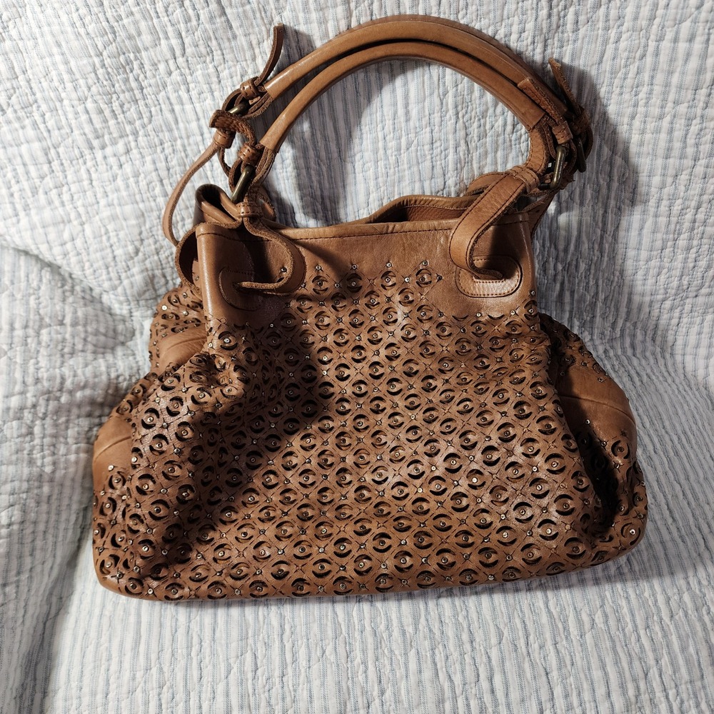 Platania Florence Tan Leather Laser Cut Studded Handbag Made in Italy Tote eyes